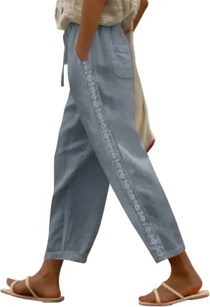 Women's Linen Summer Pants Casual Drawstring Straight Leg Beach Trousers with Pockets Vacation Clothes