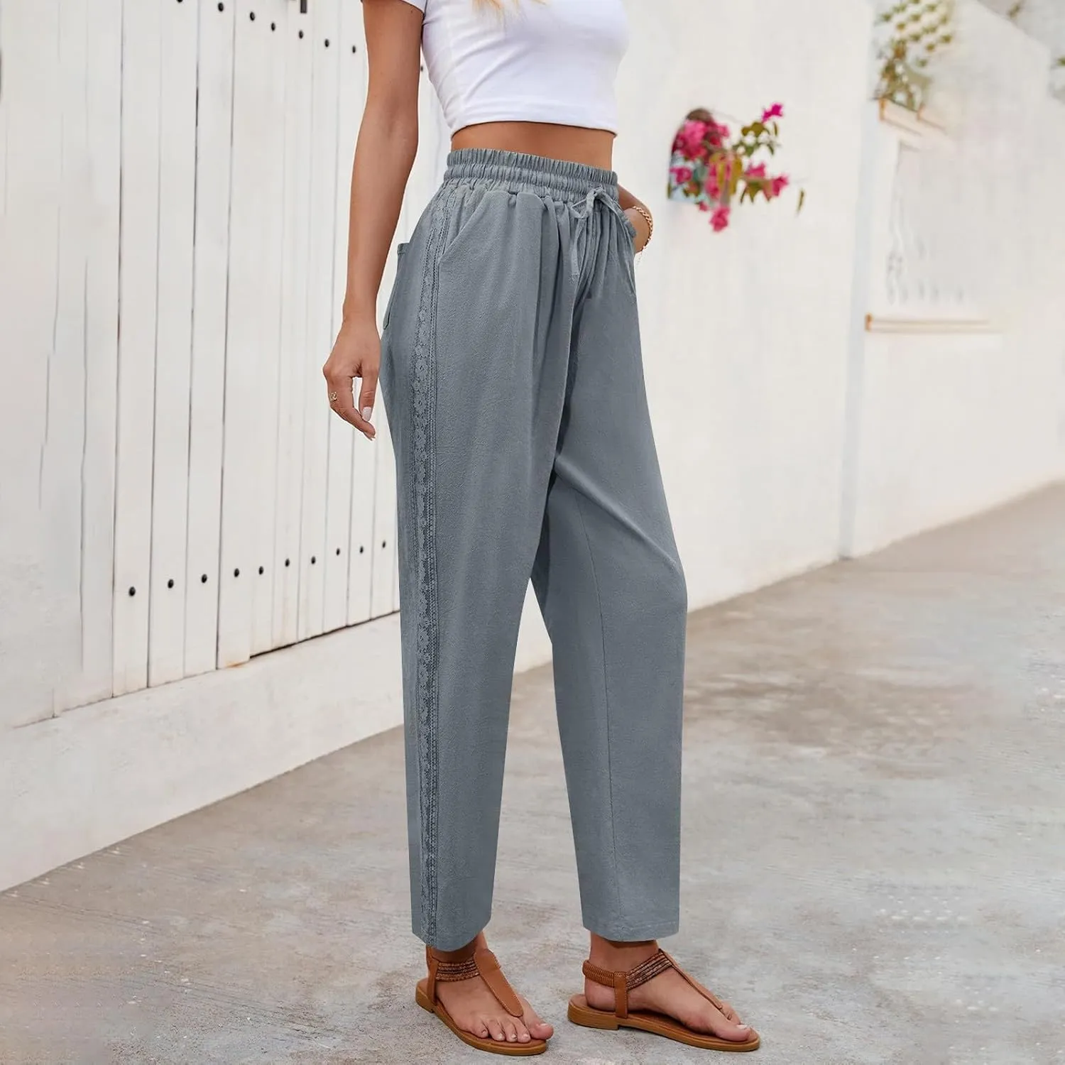 Women's Linen Summer Pants Casual Drawstring Straight Leg Beach Trousers with Pockets Vacation Clothes