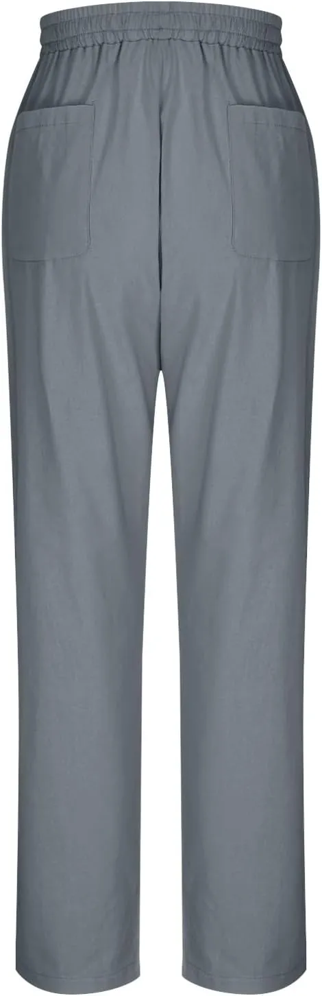 Women's Linen Summer Pants Casual Drawstring Straight Leg Beach Trousers with Pockets Vacation Clothes