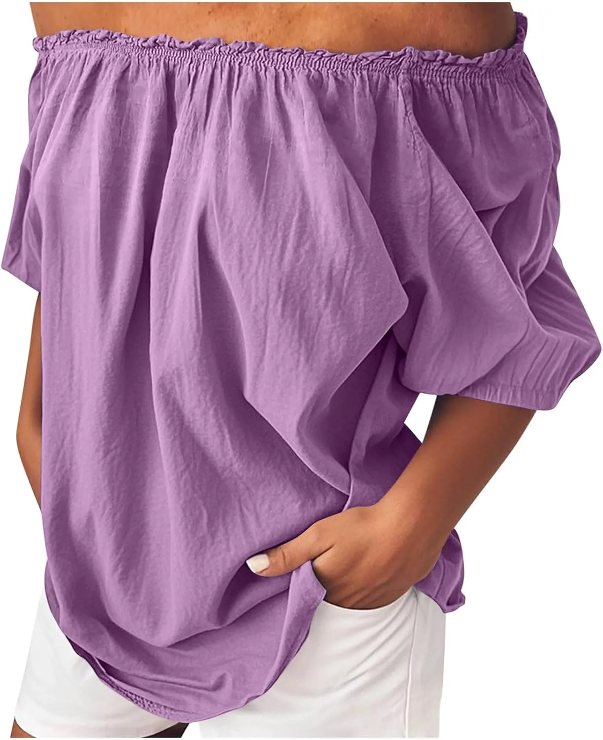 Womens Off Shoulder Tops Linen Cotton Tunic Tops Long Sleeves Ruffle Balloon Sleeve Shirts Summer Casual Blouses