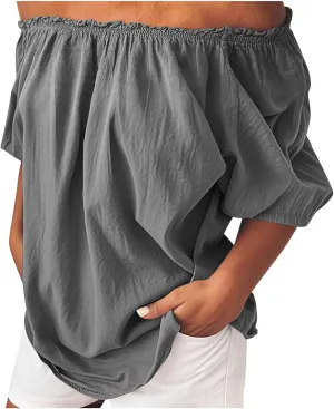 Womens Off Shoulder Tops Linen Cotton Tunic Tops Long Sleeves Ruffle Balloon Sleeve Shirts Summer Casual Blouses