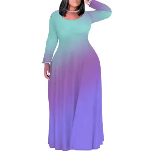 Women's Plus Size Long Sleeve Maxi Dresses T Shirt Solid Color Crewneck Floor Length Sundress Fall Dress with Pockets