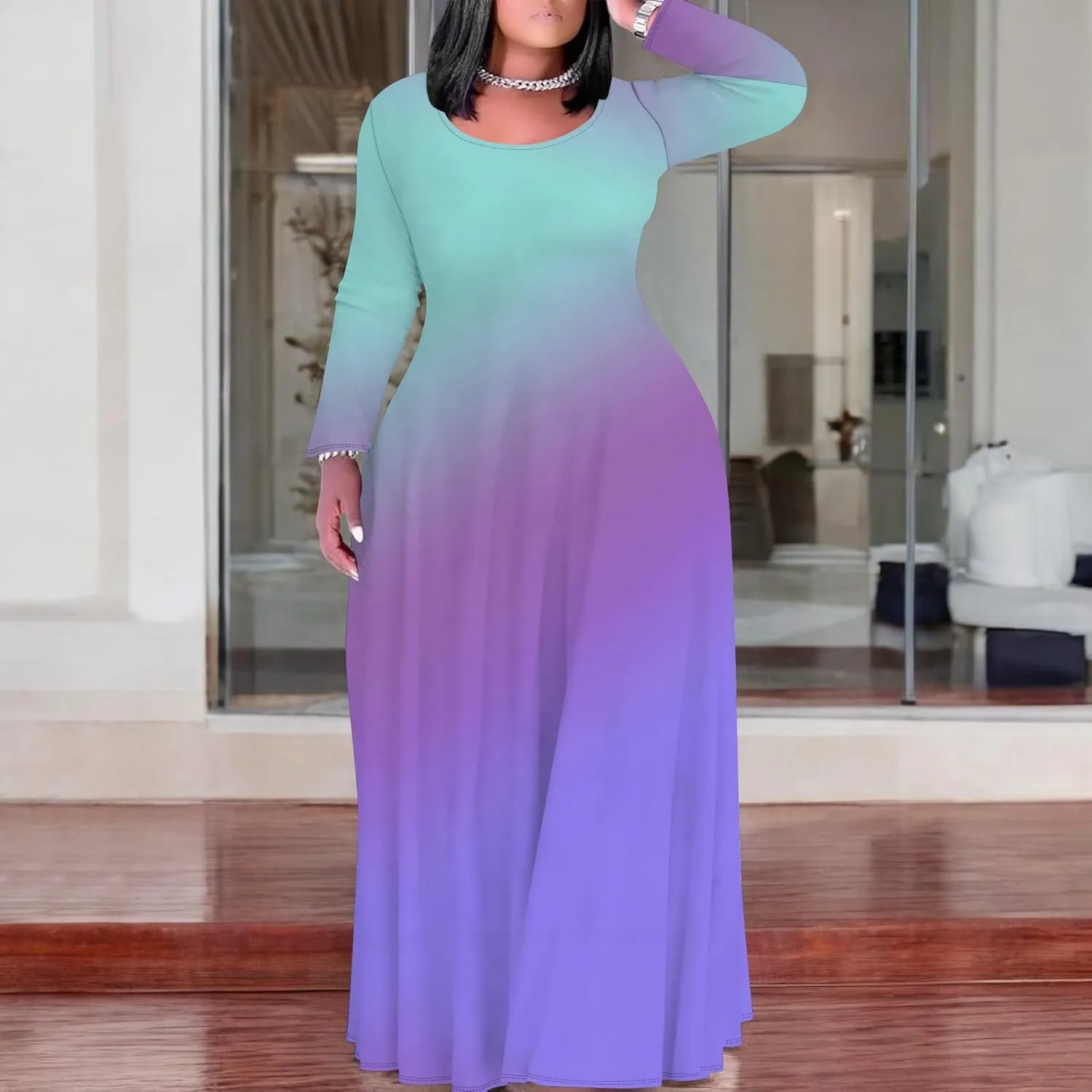 Women's Plus Size Long Sleeve Maxi Dresses T Shirt Solid Color Crewneck Floor Length Sundress Fall Dress with Pockets