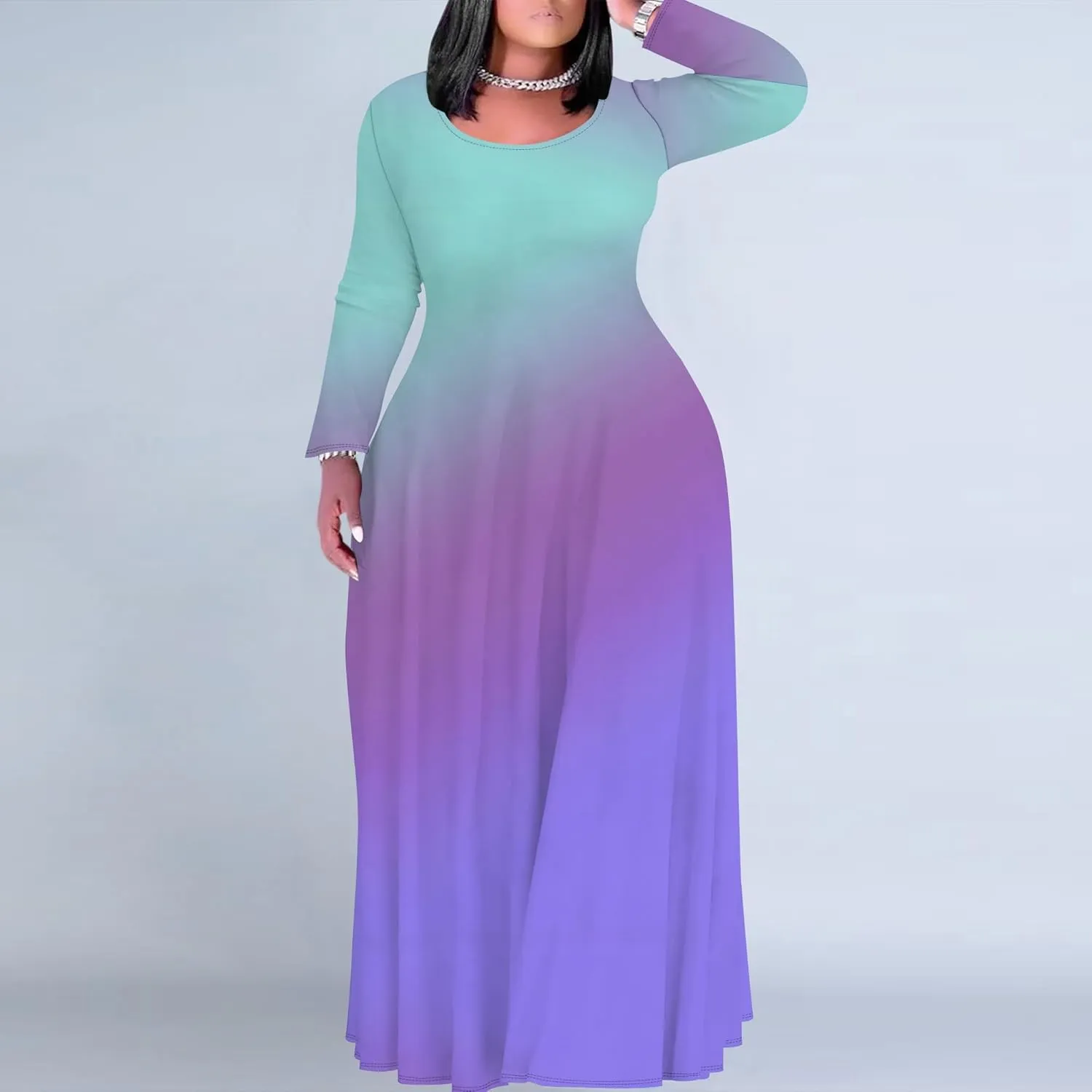 Women's Plus Size Long Sleeve Maxi Dresses T Shirt Solid Color Crewneck Floor Length Sundress Fall Dress with Pockets