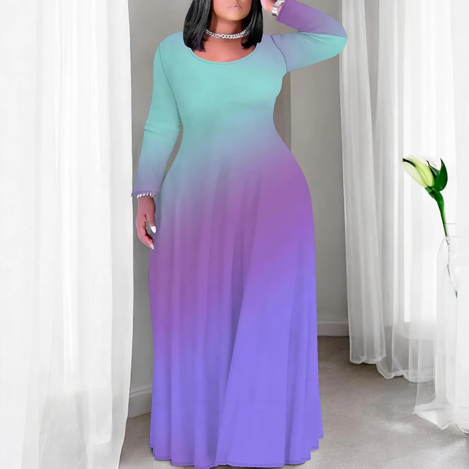 Women's Plus Size Long Sleeve Maxi Dresses T Shirt Solid Color Crewneck Floor Length Sundress Fall Dress with Pockets