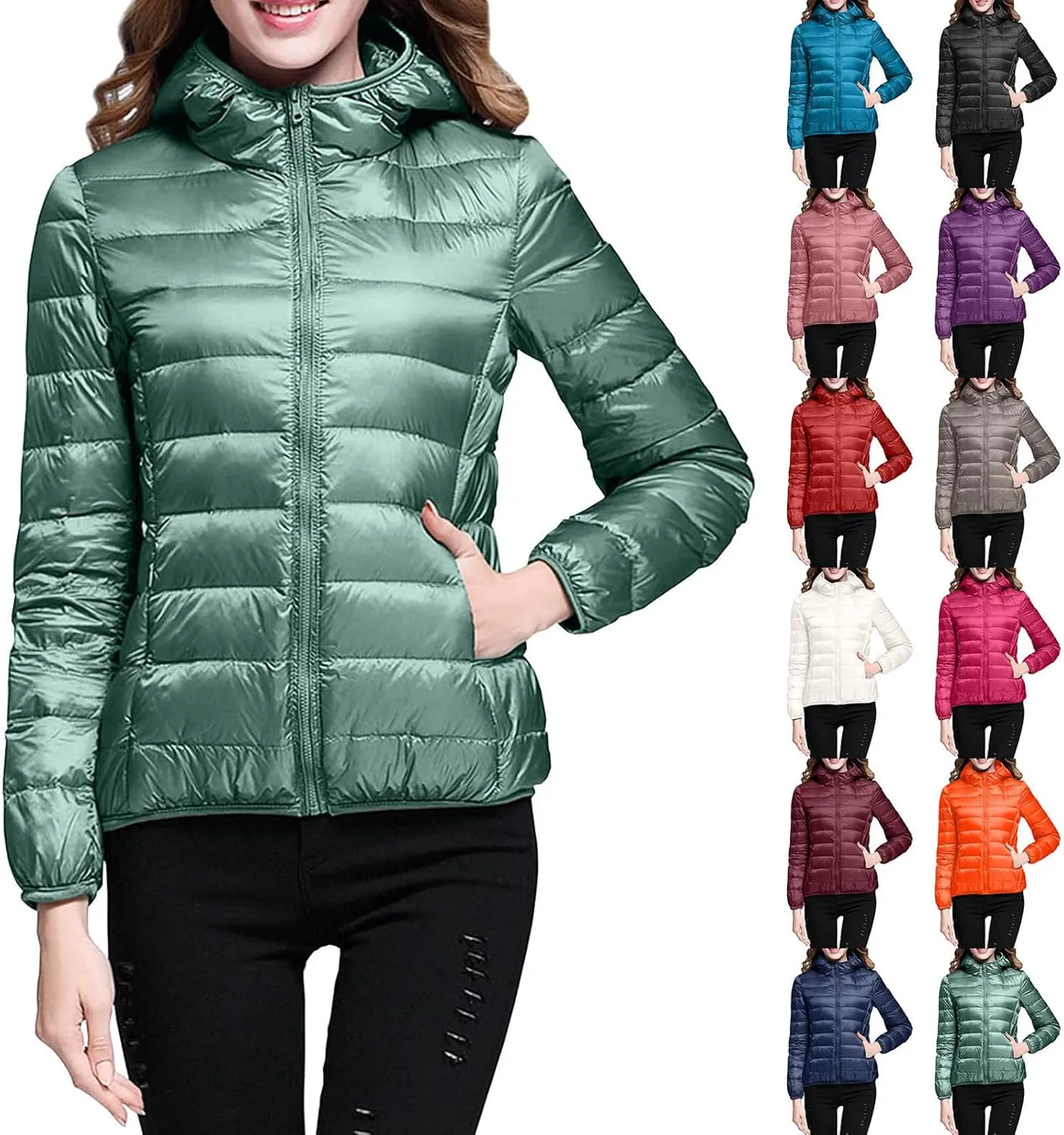 Womens Warm Lightweight Puffer Jackets Fashion Solid Color Waterproof Quilted Coats White Duck Down Casual Outerwears
