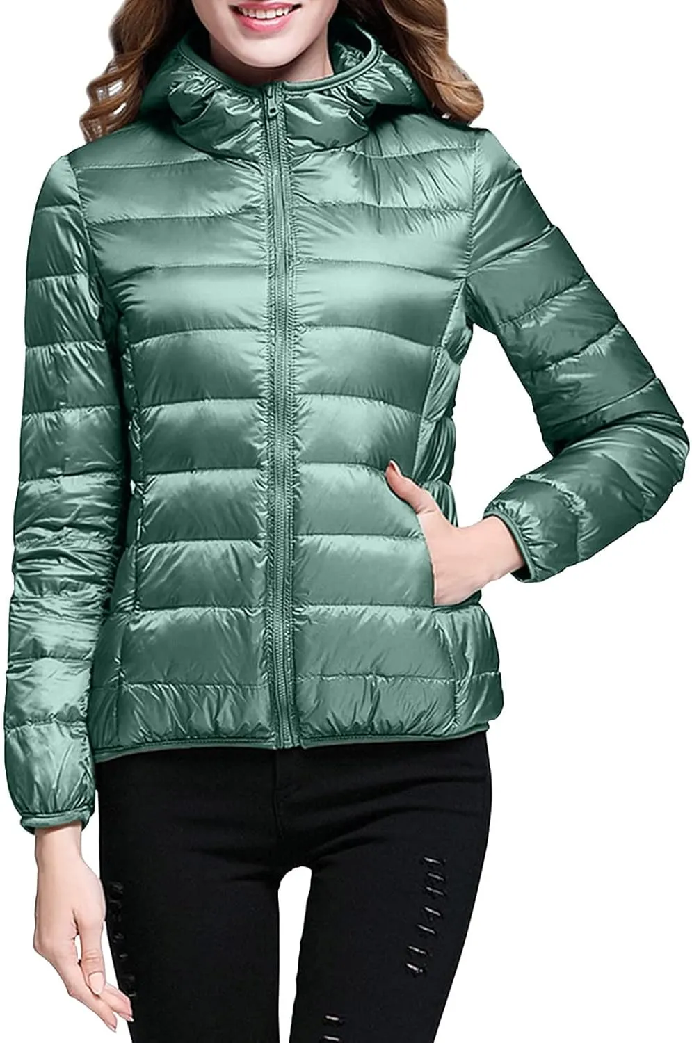 Womens Warm Lightweight Puffer Jackets Fashion Solid Color Waterproof Quilted Coats White Duck Down Casual Outerwears