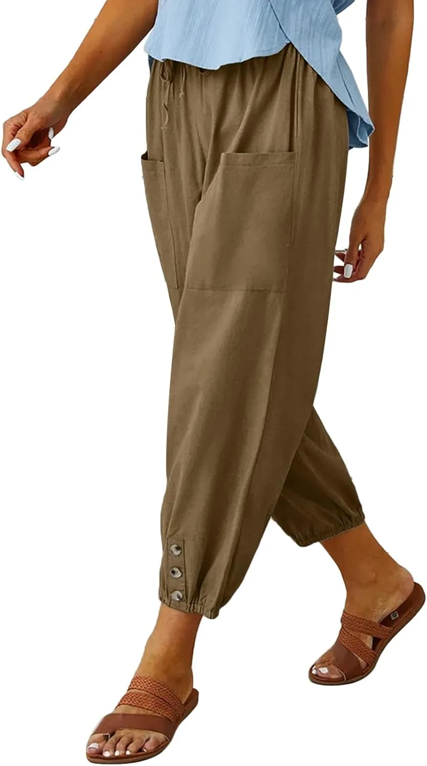 WROLEM Women's High Waist Capri Pants with Pockets Wide Leg Cropped Pants for Women - Black - Small