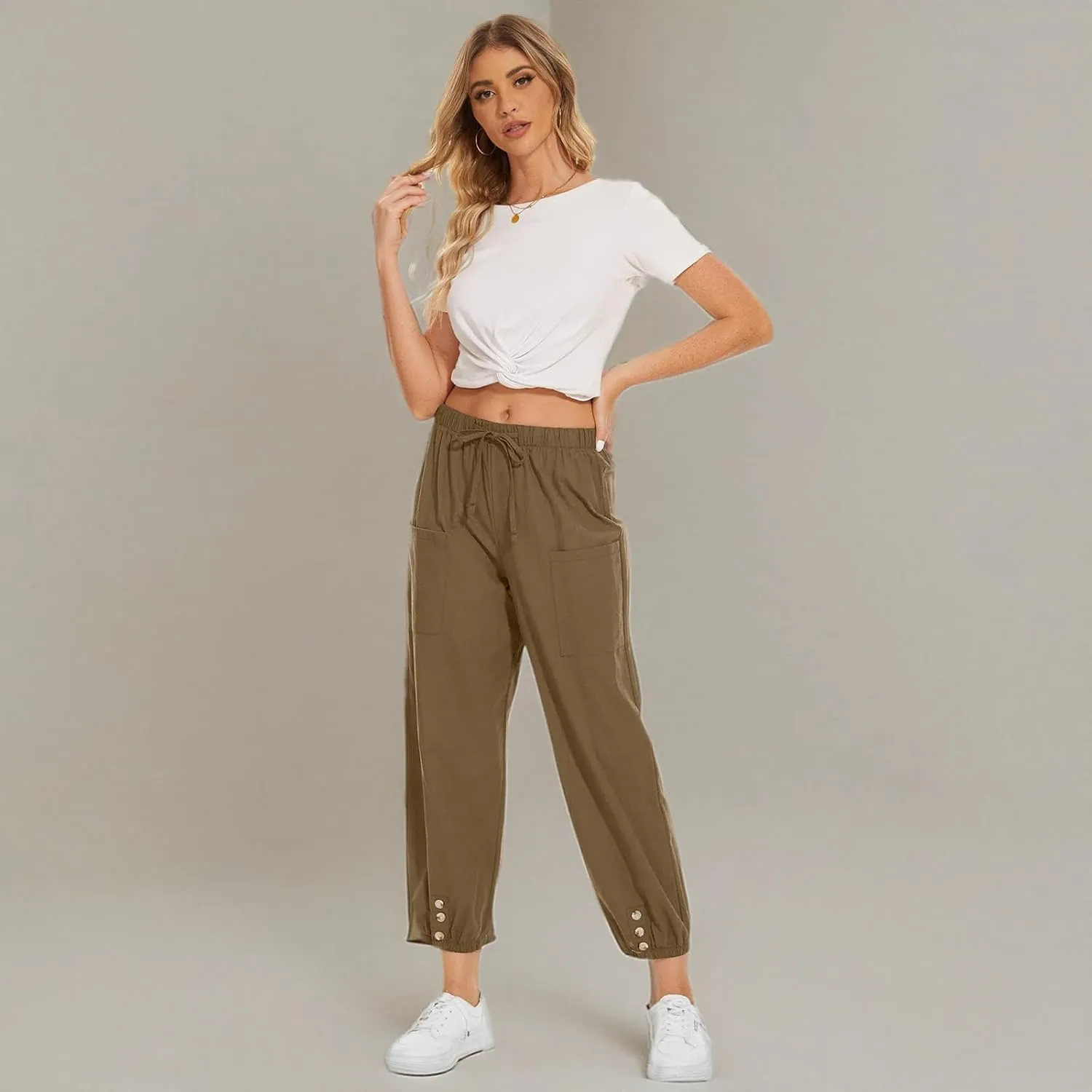 WROLEM Women's High Waist Capri Pants with Pockets Wide Leg Cropped Pants for Women - Black - Small