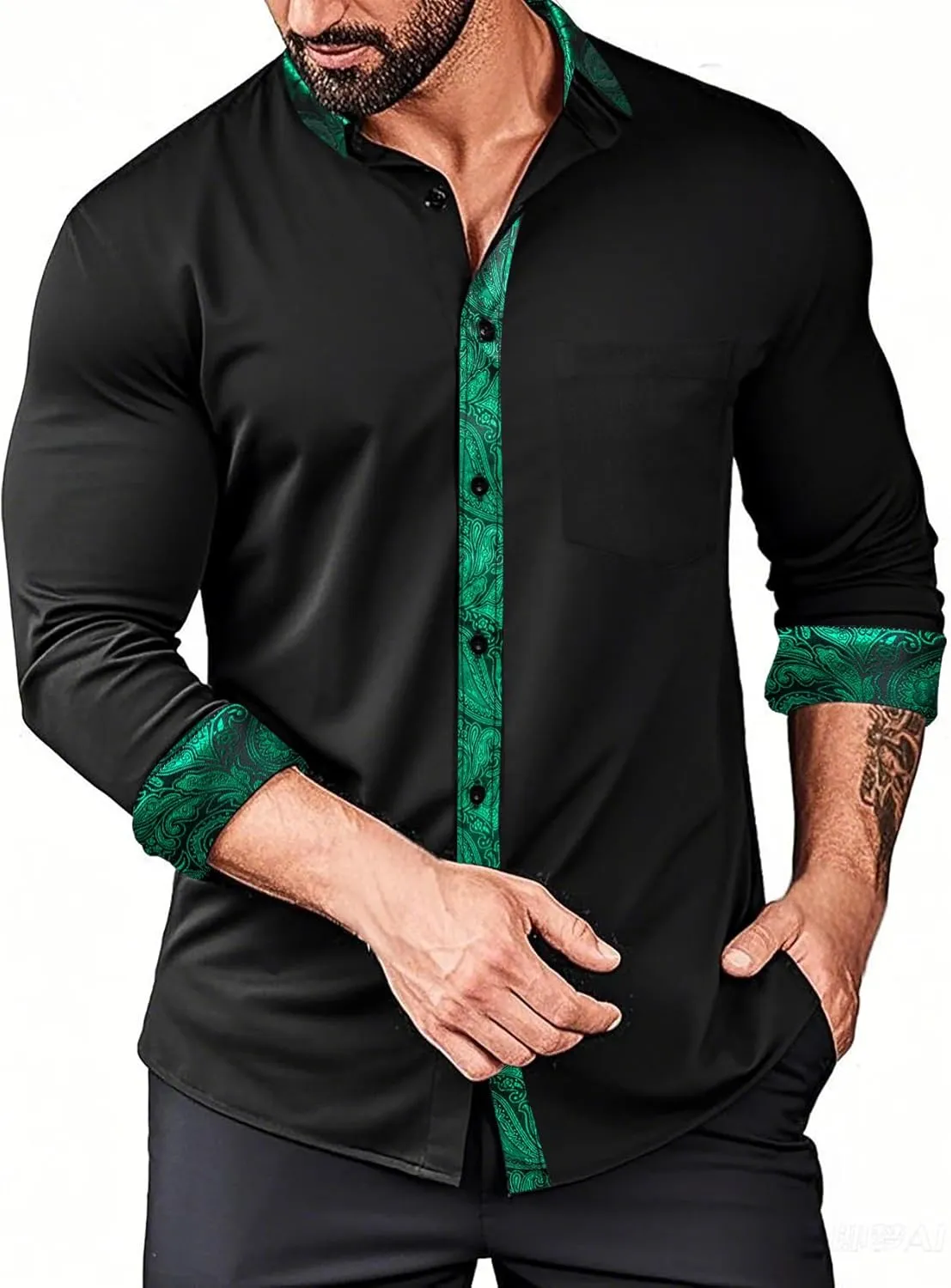 YOHOWA Mens Dress Shirts Business Button Down Long Sleeve Casual Collar Cuff Contrast Formal Shirts Wedding Party Casual Prom