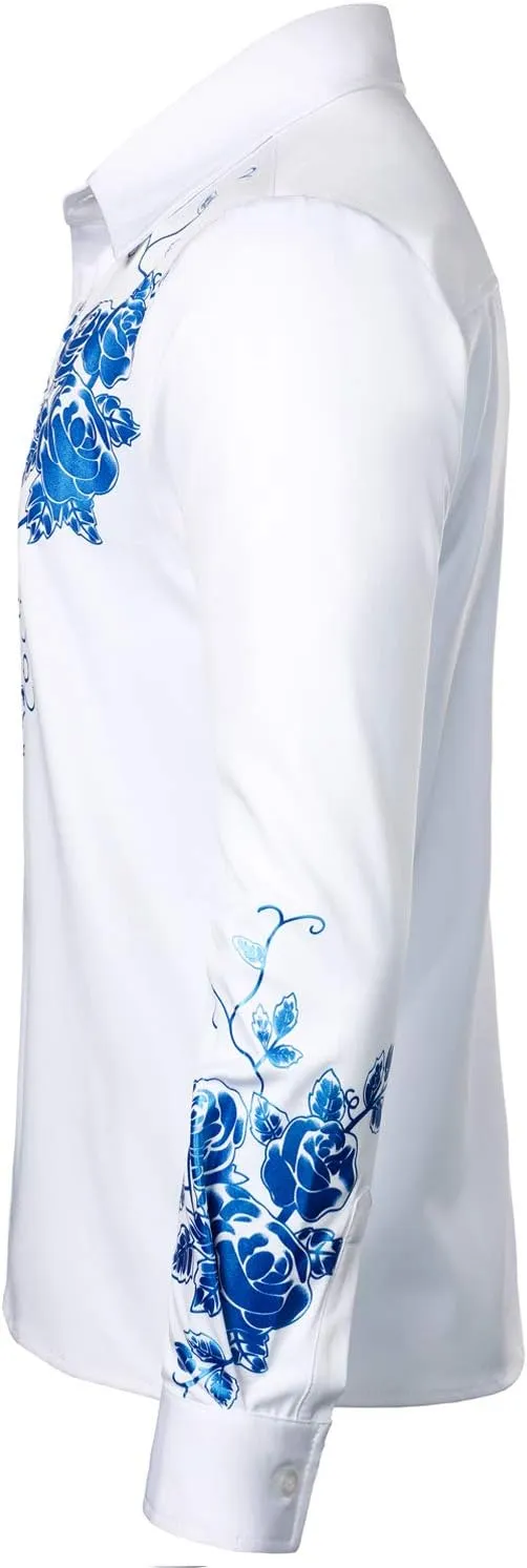 ZEROYAA Men's Hipster Rose Floral Printed Slim Fit Long Sleeve Button Up Party Dress Shirts