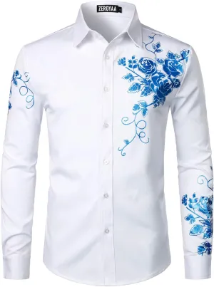ZEROYAA Men's Hipster Rose Floral Printed Slim Fit Long Sleeve Button Up Party Dress Shirts